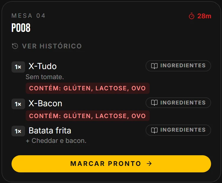 Cartão de um pedido em preparo no painel da cozinha, com as observações e o botão Ingredientes em cada item